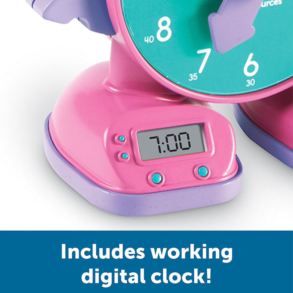 Close-up of analog dials on Learning Resources Tock clock for precise time concepts