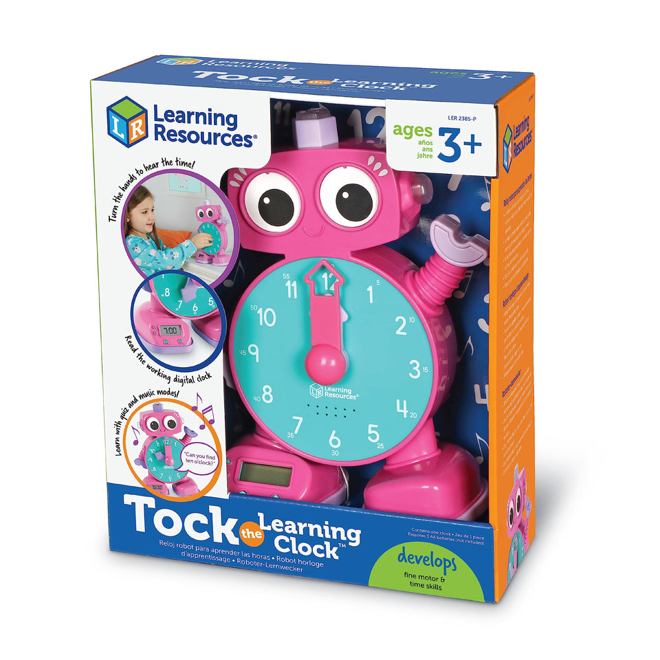 Learning Resources Tock clock front view pink showing dual time displays for learning