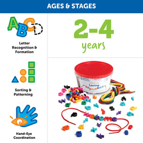 Learning Resources rainbow laces enable durable threading for word-building activities.