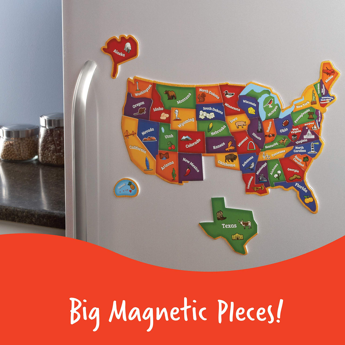 Learning Resources US map fridge display keeps geography visible on kitchen surfaces