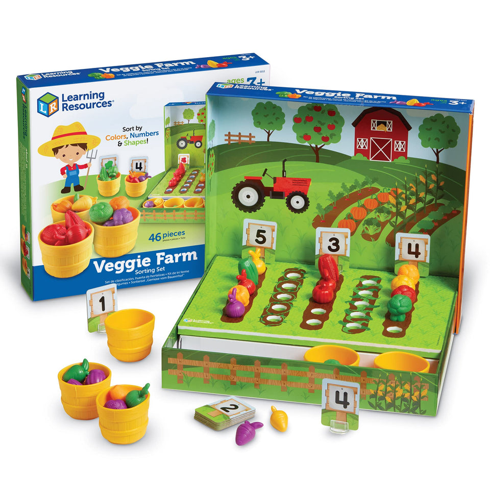 Learning Resources Veggie Farm Sorting Set colorful vegetable figures support color recognition and sorting practice.