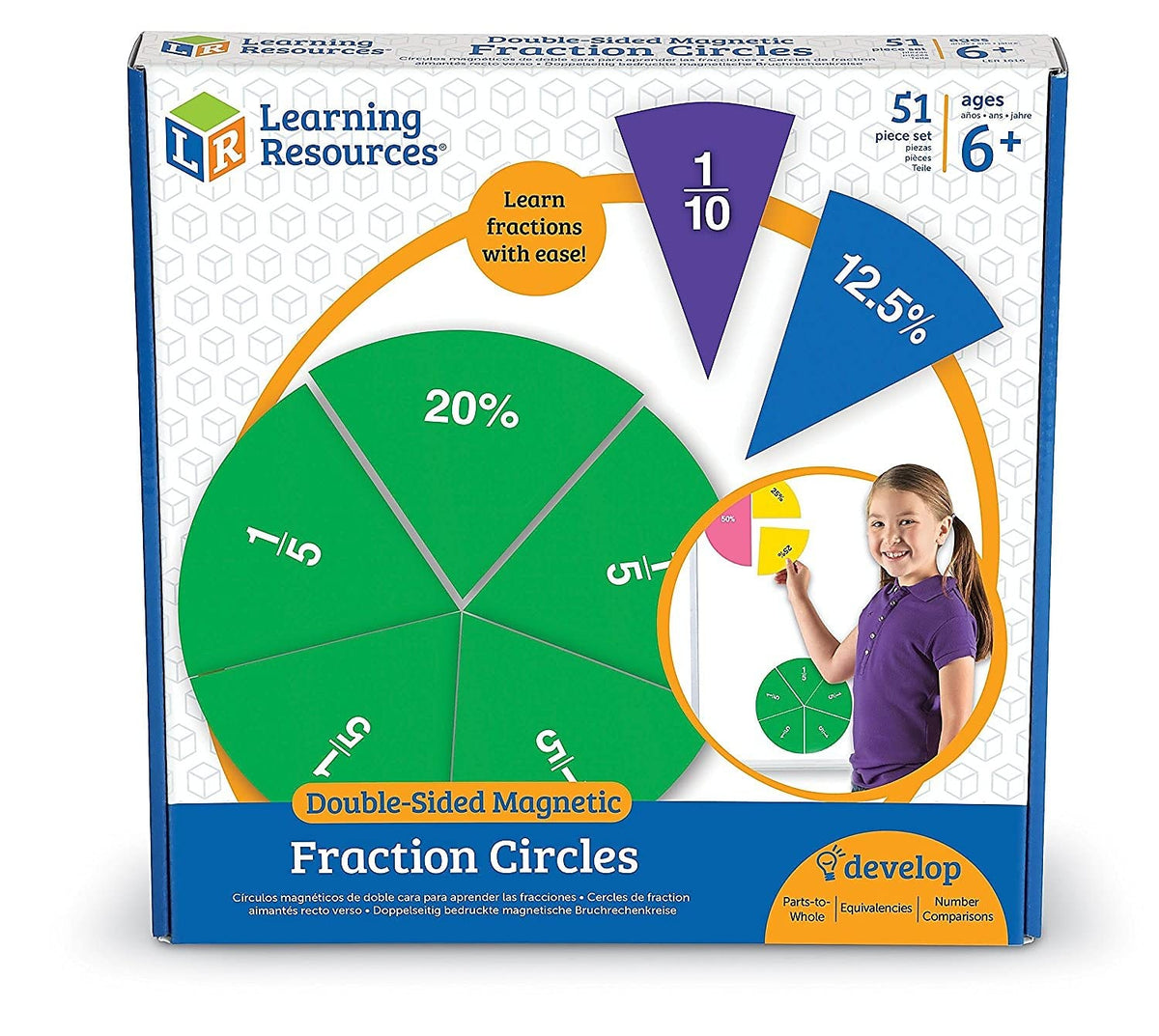 Learning Resources whiteboard magnets fraction circles visually organize fractions on a board.