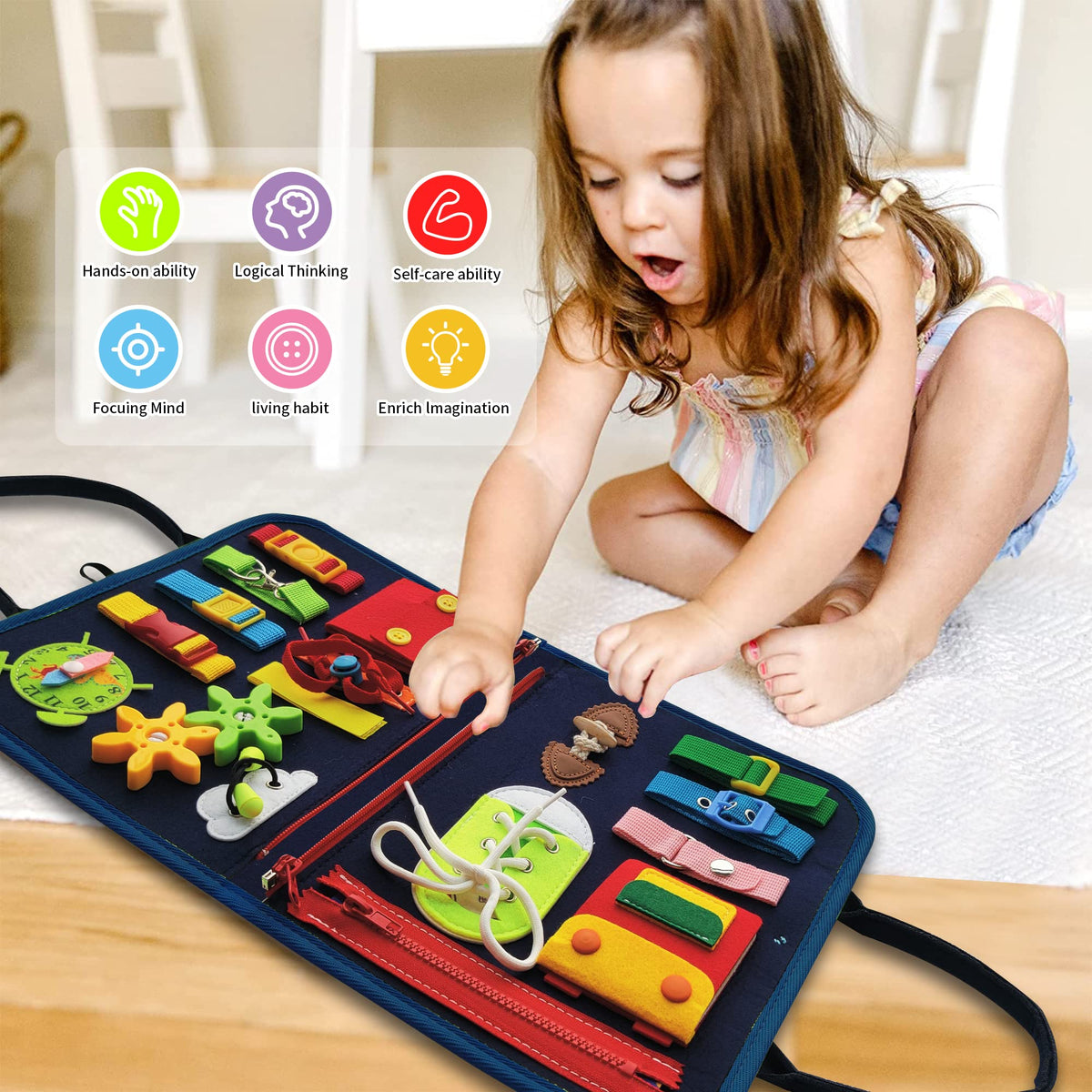 LearnToy Busy Board Dinosaur side carry handle for portable quiet time