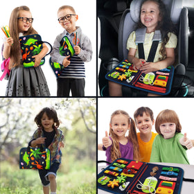 LearnToy Busy Board Dinosaur travel-ready design fits car trips