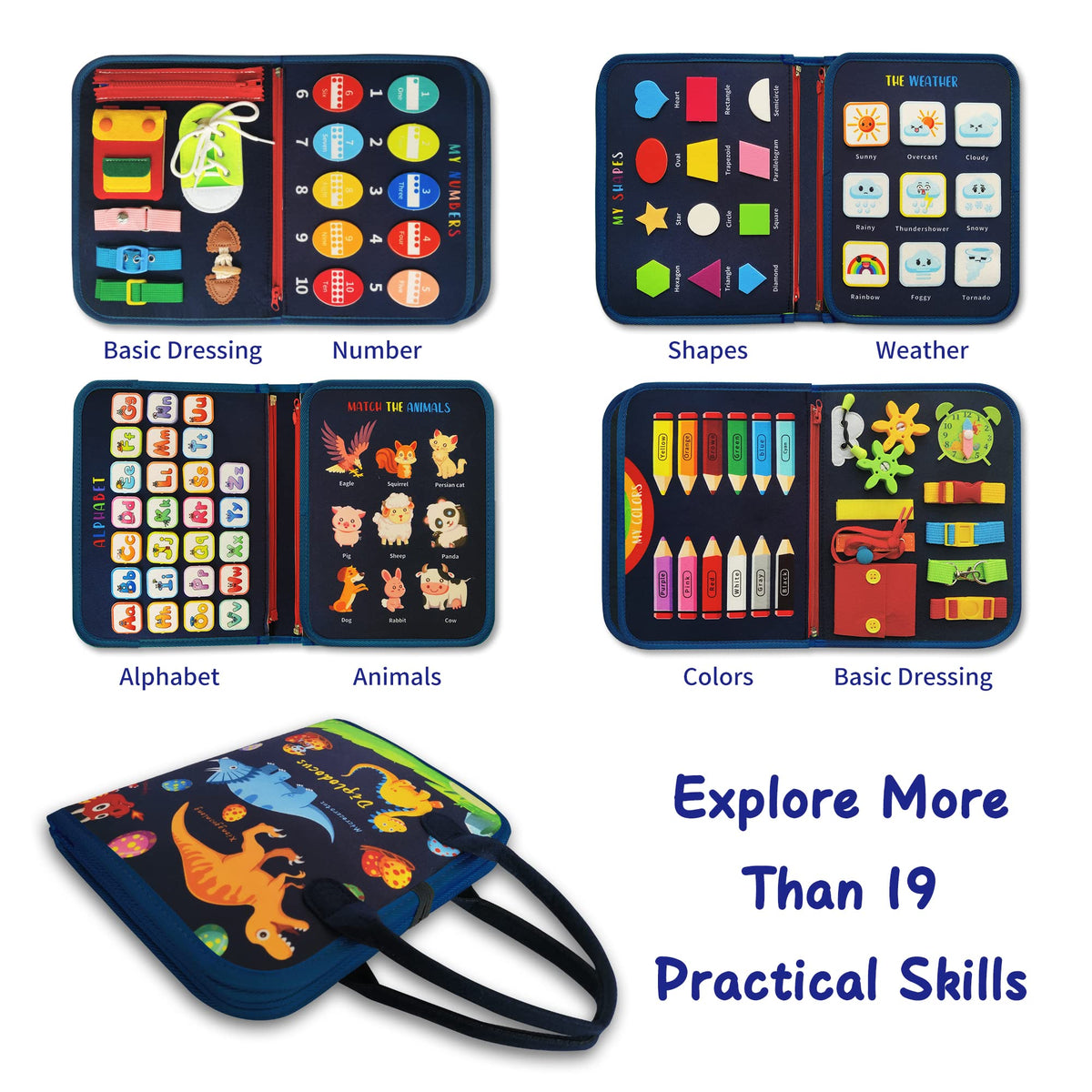 LearnToy Busy Board Dinosaur zipper pages highlight coordinated fine motor play
