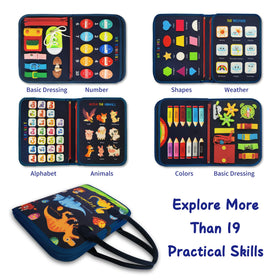 LearnToy Busy Board Dinosaur zipper pages highlight coordinated fine motor play