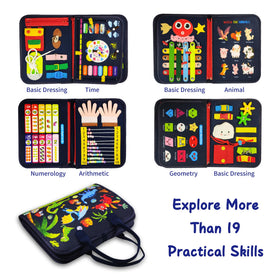 LearnToy Montessori Busy Board clock page supports early time-telling practice during travel