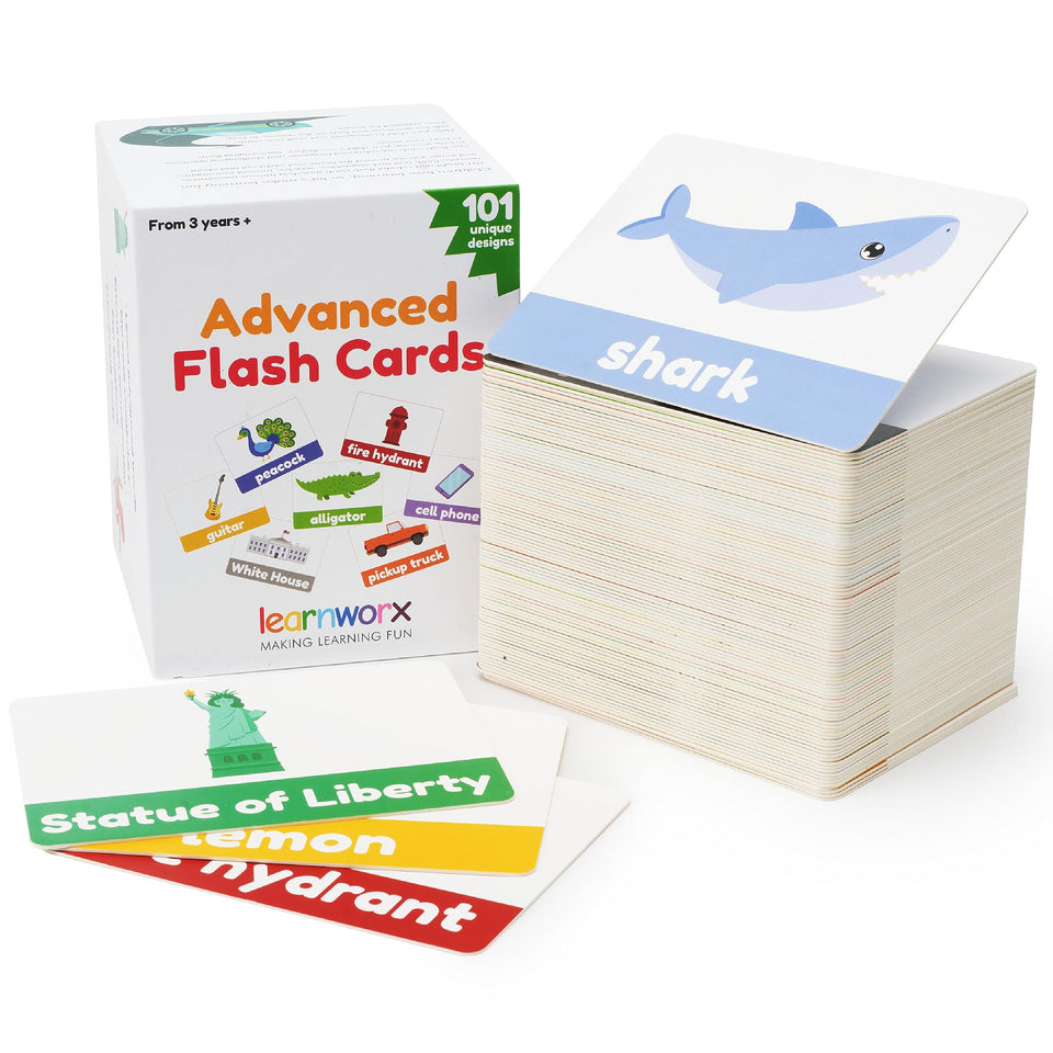 LearnWorx Advanced Flash Cards box cover with bright visuals to boost early vocabulary.
