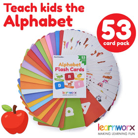 LearnWorx alphabet flash cards show uppercase and lowercase pairs for easy comparison