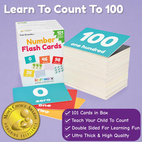 Learnworx number cards reverse visuals featuring animals, shapes, and objects to support counting practice.