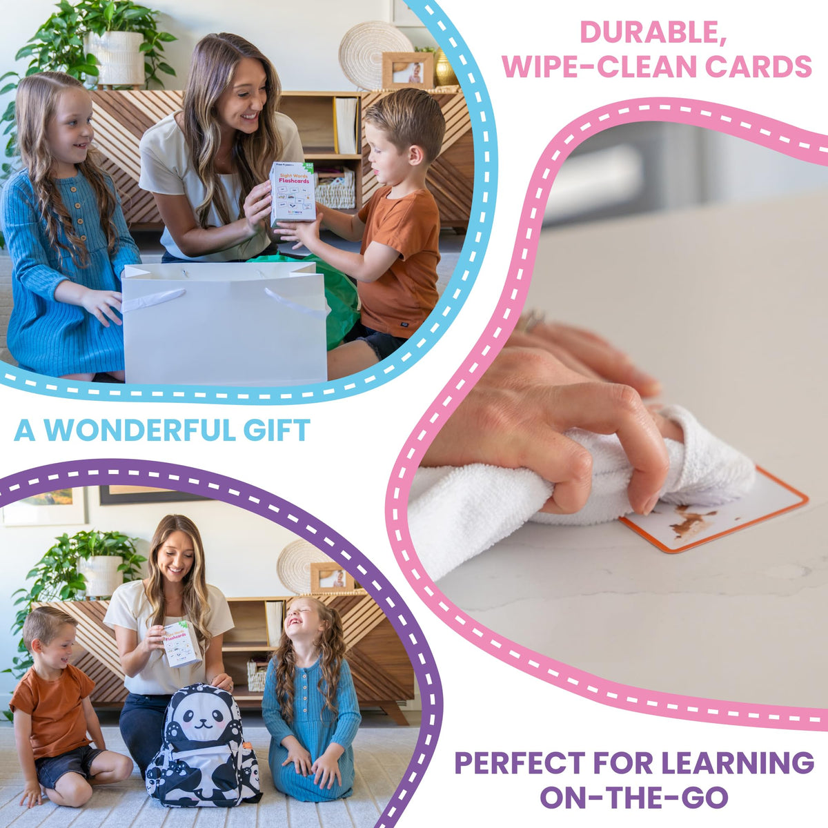 LearnWorx Sight Words Flash Cards size 4.8 by 3 inches fits desks and bags.