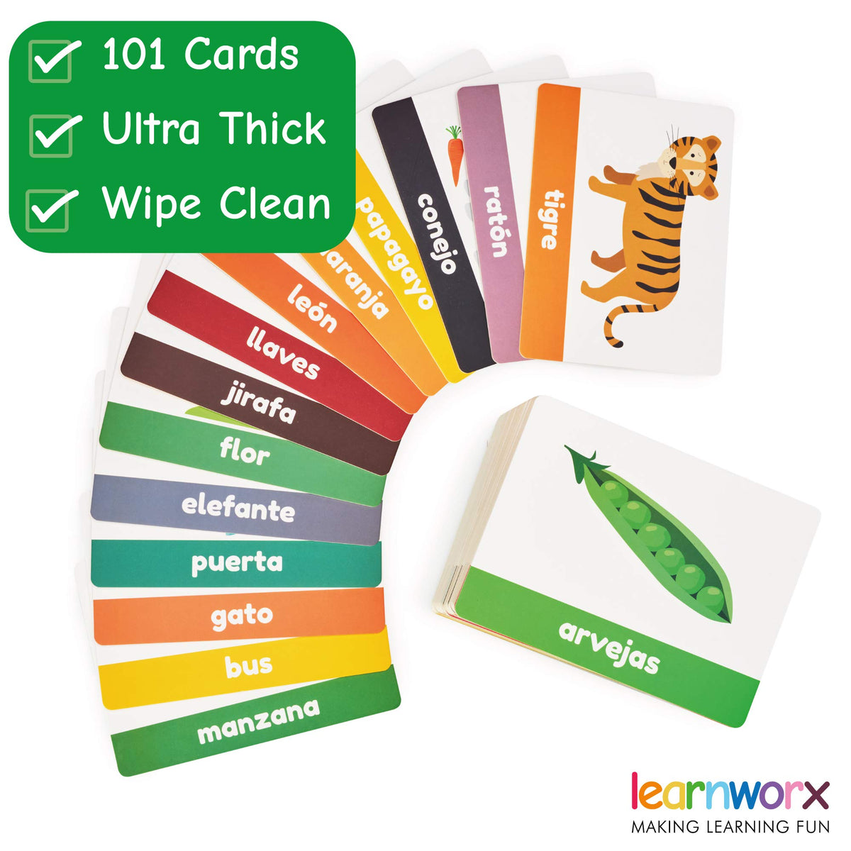 Learnworx Spanish flash cards animals help toddlers recognize common creatures through bright visuals.