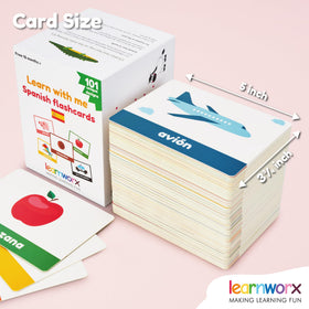 Learnworx Spanish flash cards food scenes support early language around everyday meals.