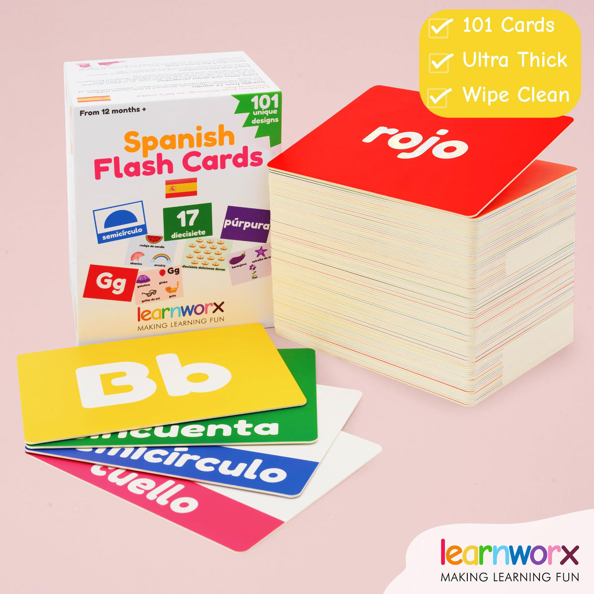 Learnworx Spanish flash cards come in a sturdy gift box for safe storage
