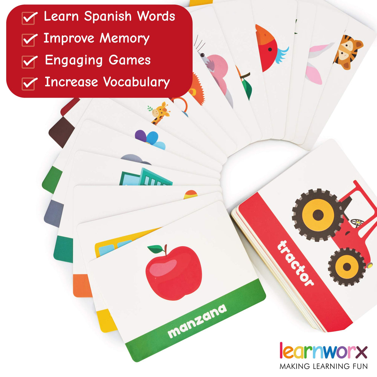 Learnworx Spanish flash cards outdoor objects reinforce practical words during playtime.