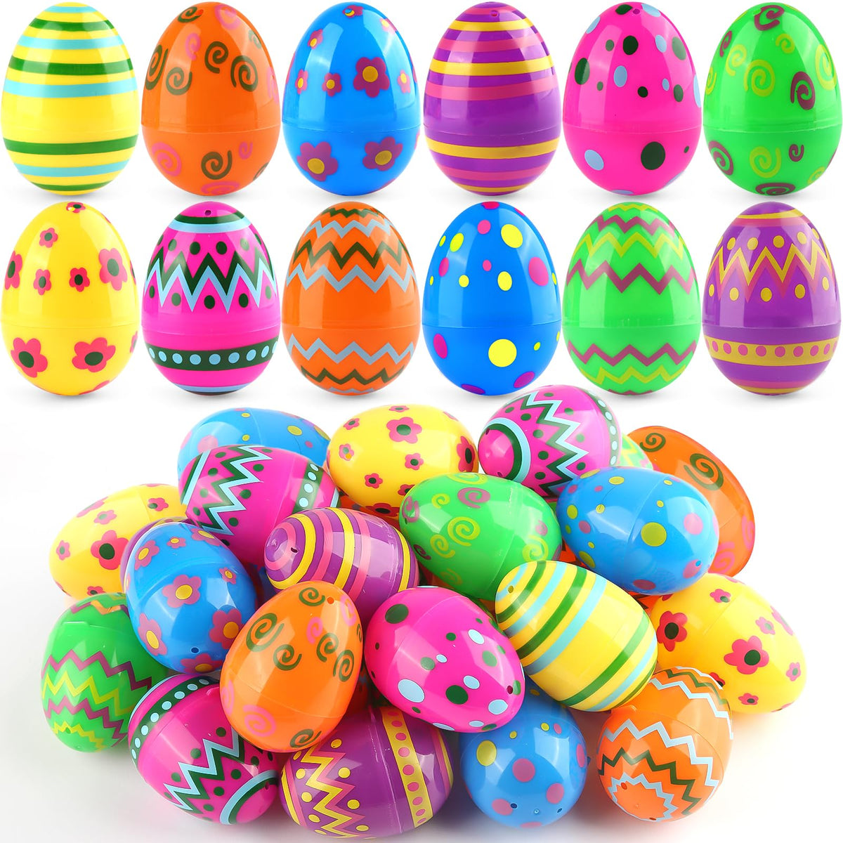 LEASEN 36-pack printed Easter eggs in vibrant colors for Easter egg hunts.