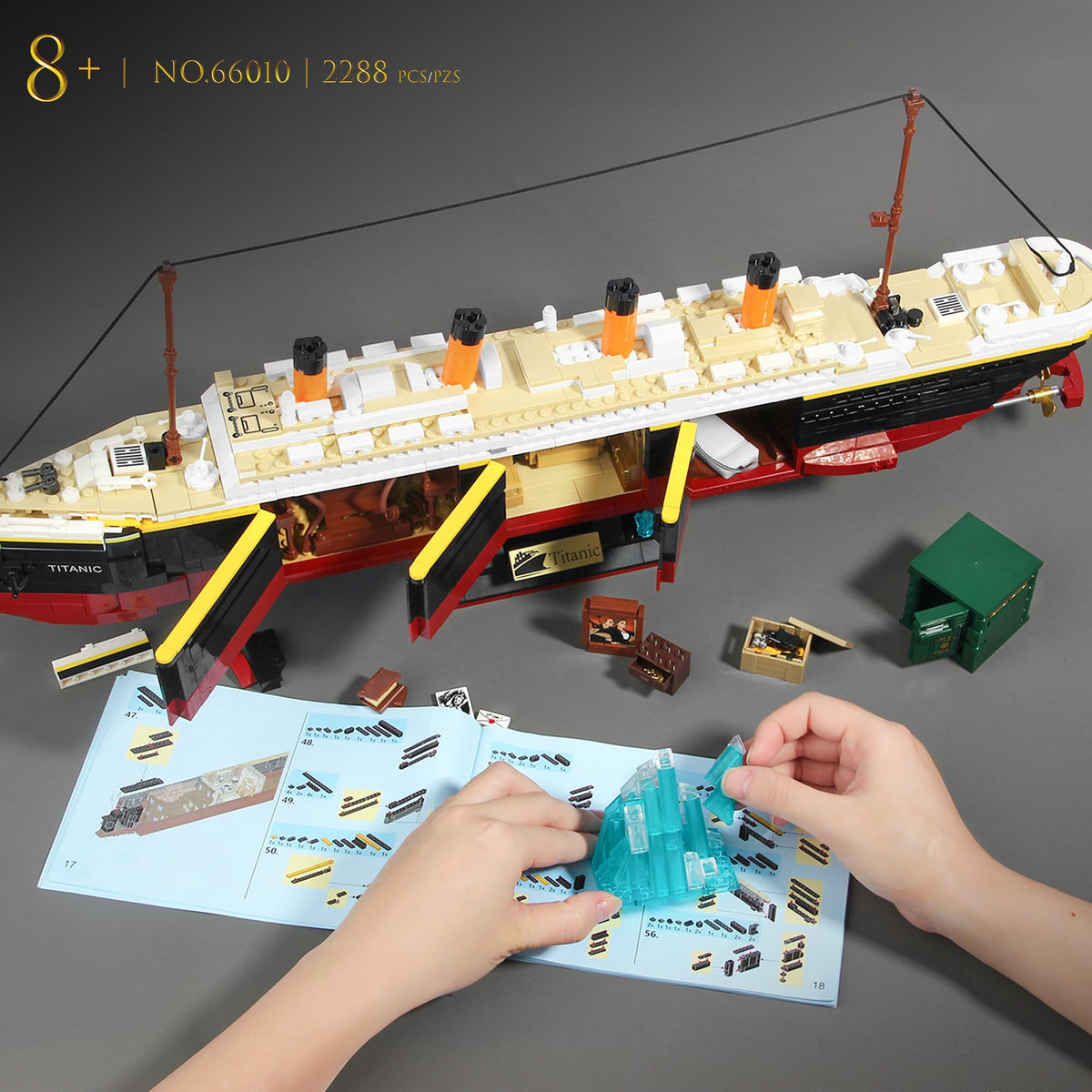 LeBrickCrt Titanic hull disassembly enables cruise and wreck modes for interactivity.