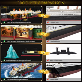 LeBrickCrt Titanic light strip illuminates the model for evening showcases.