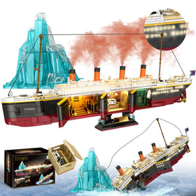 LeBrickCrt Titanic ship model with 2,288 blocks and LED lighting for dramatic display.