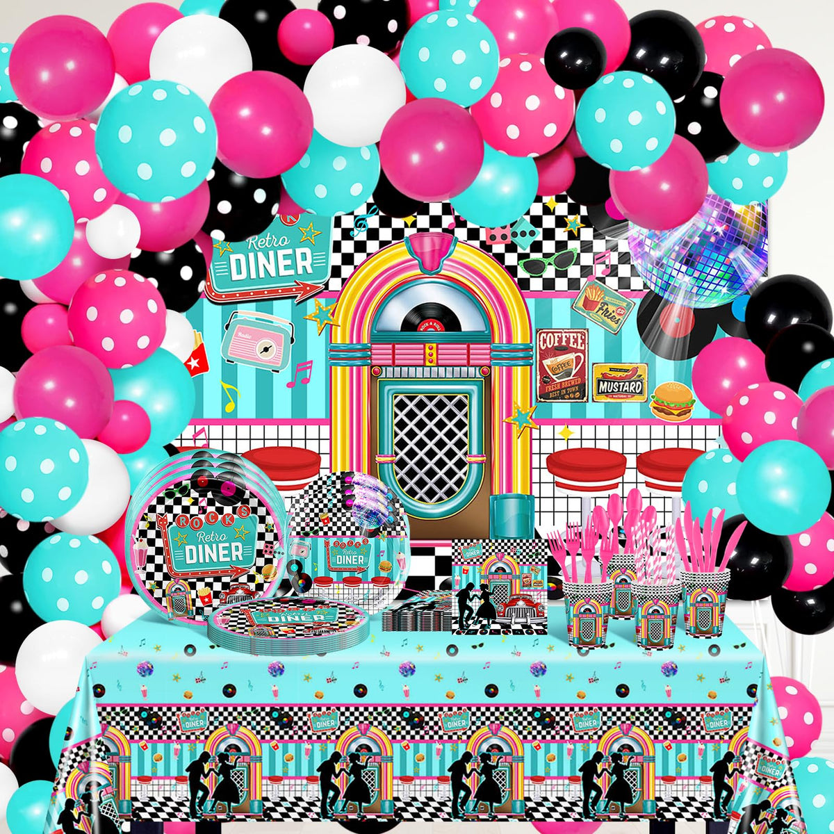 Lecheme 50s backdrop sets a retro diner scene to boost party ambiance