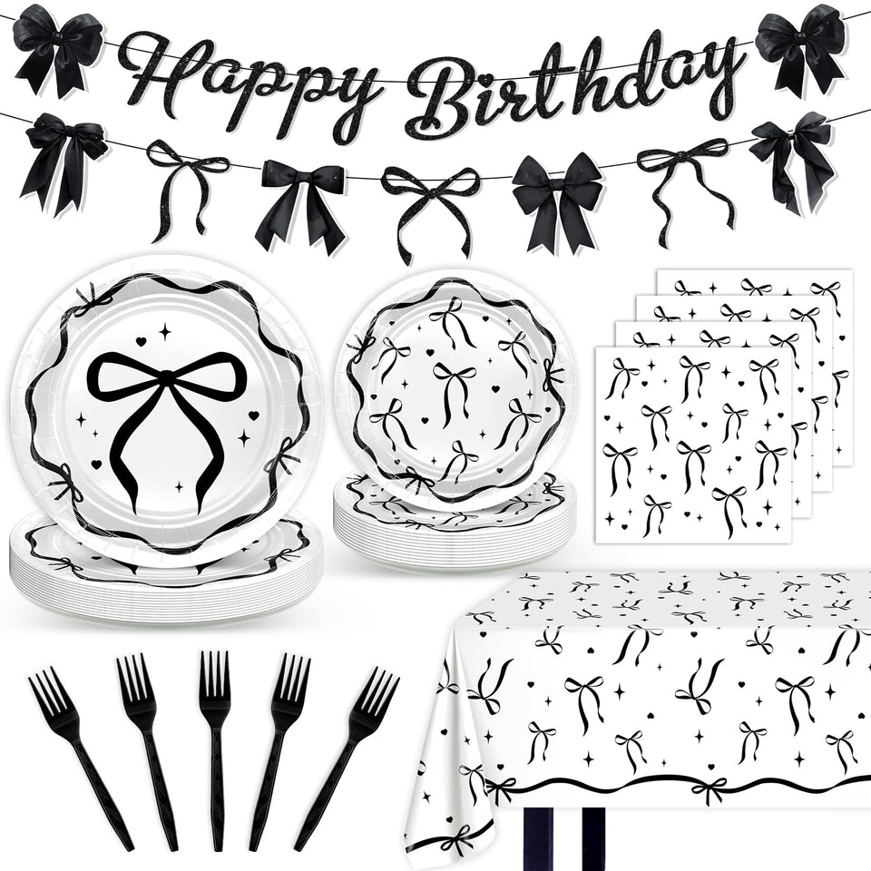Lecheme Black Bow banner decor for chic birthday celebrations.