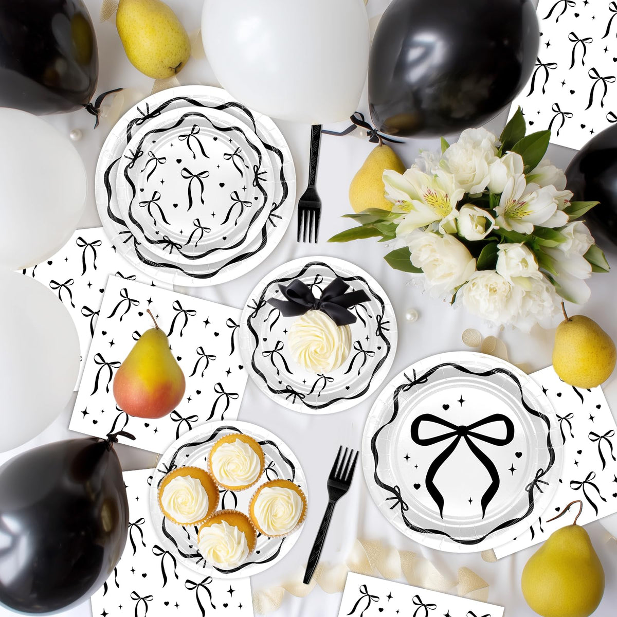 Lecheme Black Bow party set creates a cohesive party vignette.
