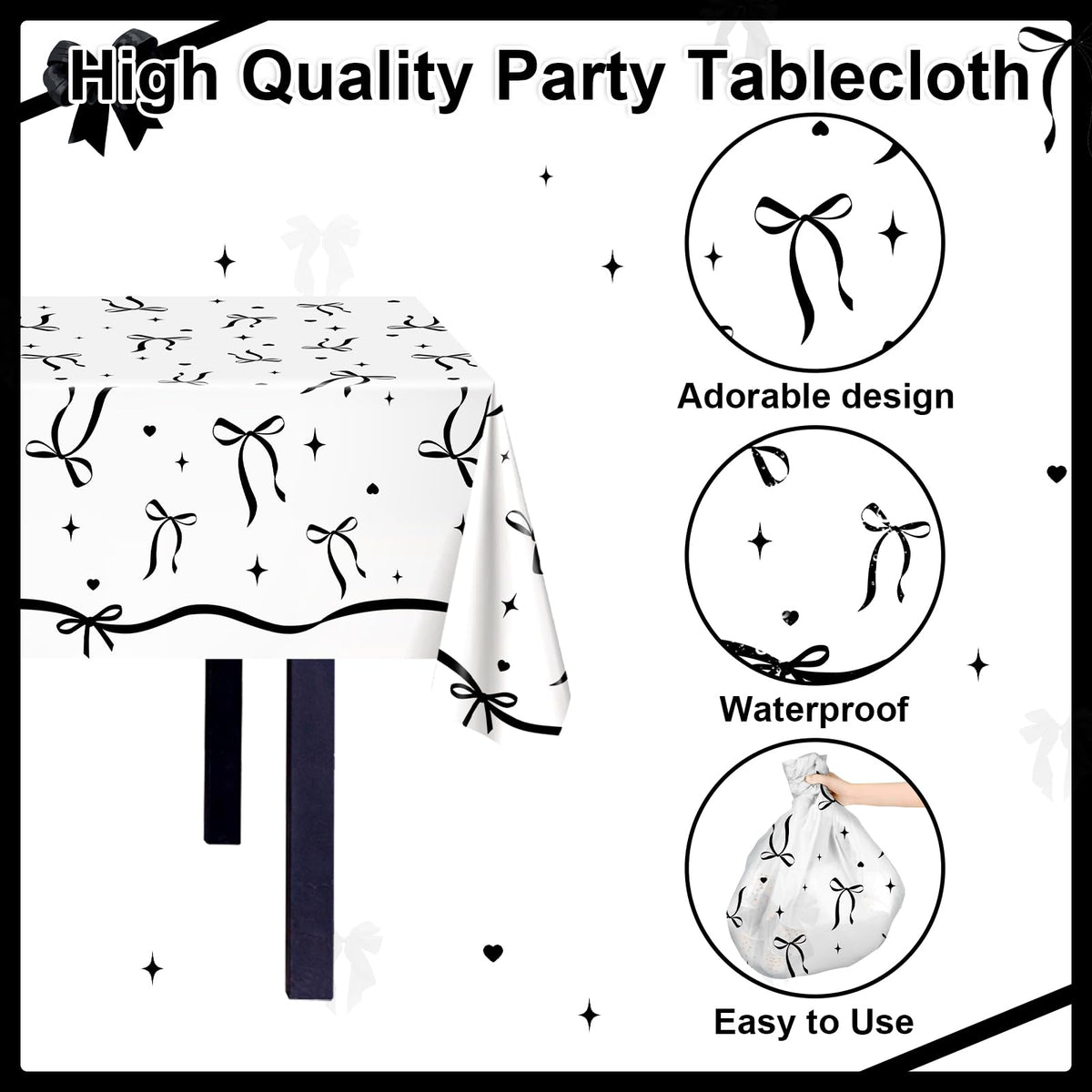 Lecheme Black Bow tablecloth protects surfaces with a sleek finish.