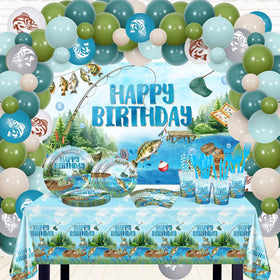 Lecheme Gone Fishing backdrop with blue lake scene enhances party photos