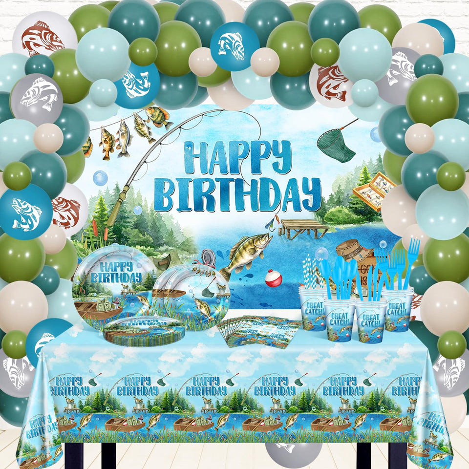 Lecheme Gone Fishing backdrop with blue lake scene enhances party photos