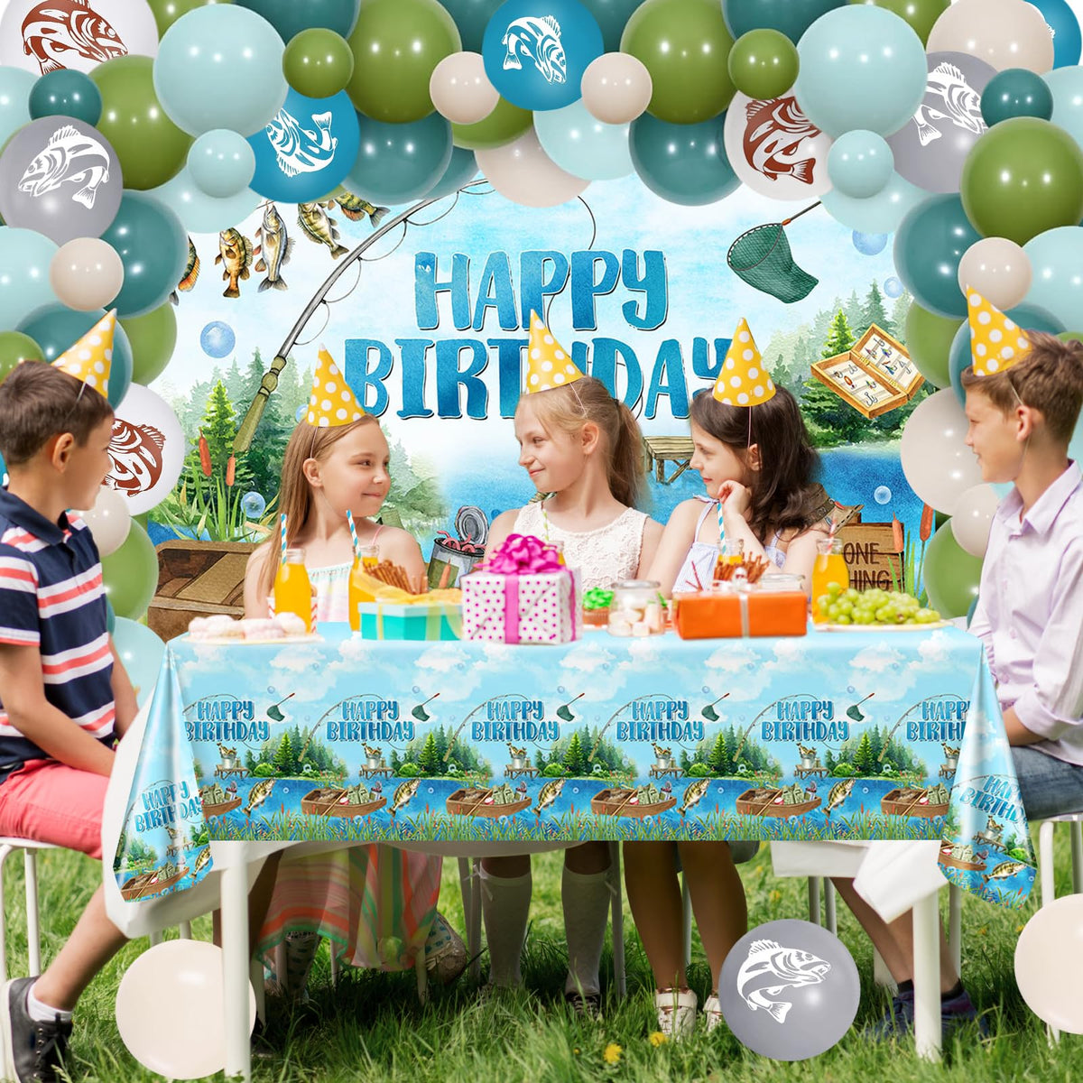 Lecheme Gone Fishing balloons add color and can form a garland