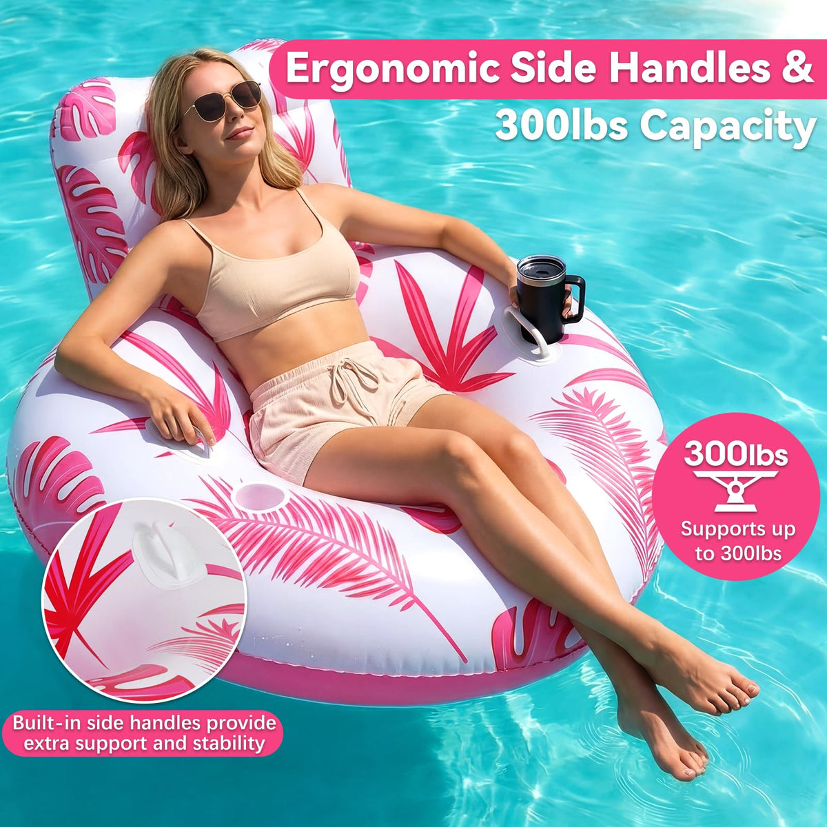 LEECICILE heart pool float headrest provides ergonomic comfort for lounging.