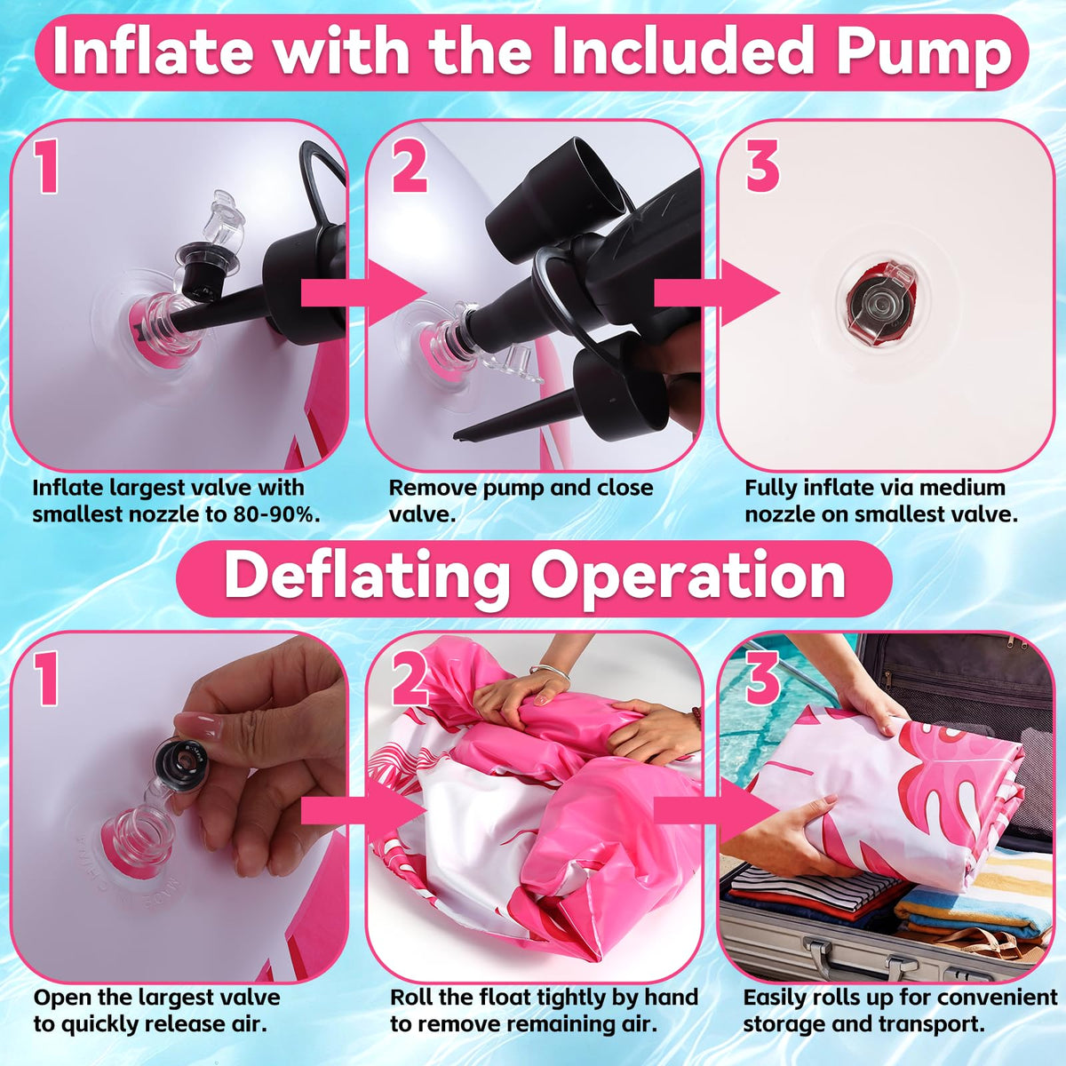LEECICILE heart pool float inflation scene highlights fast setup with built-in pump.
