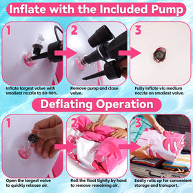 LEECICILE heart pool float inflation scene highlights fast setup with built-in pump.