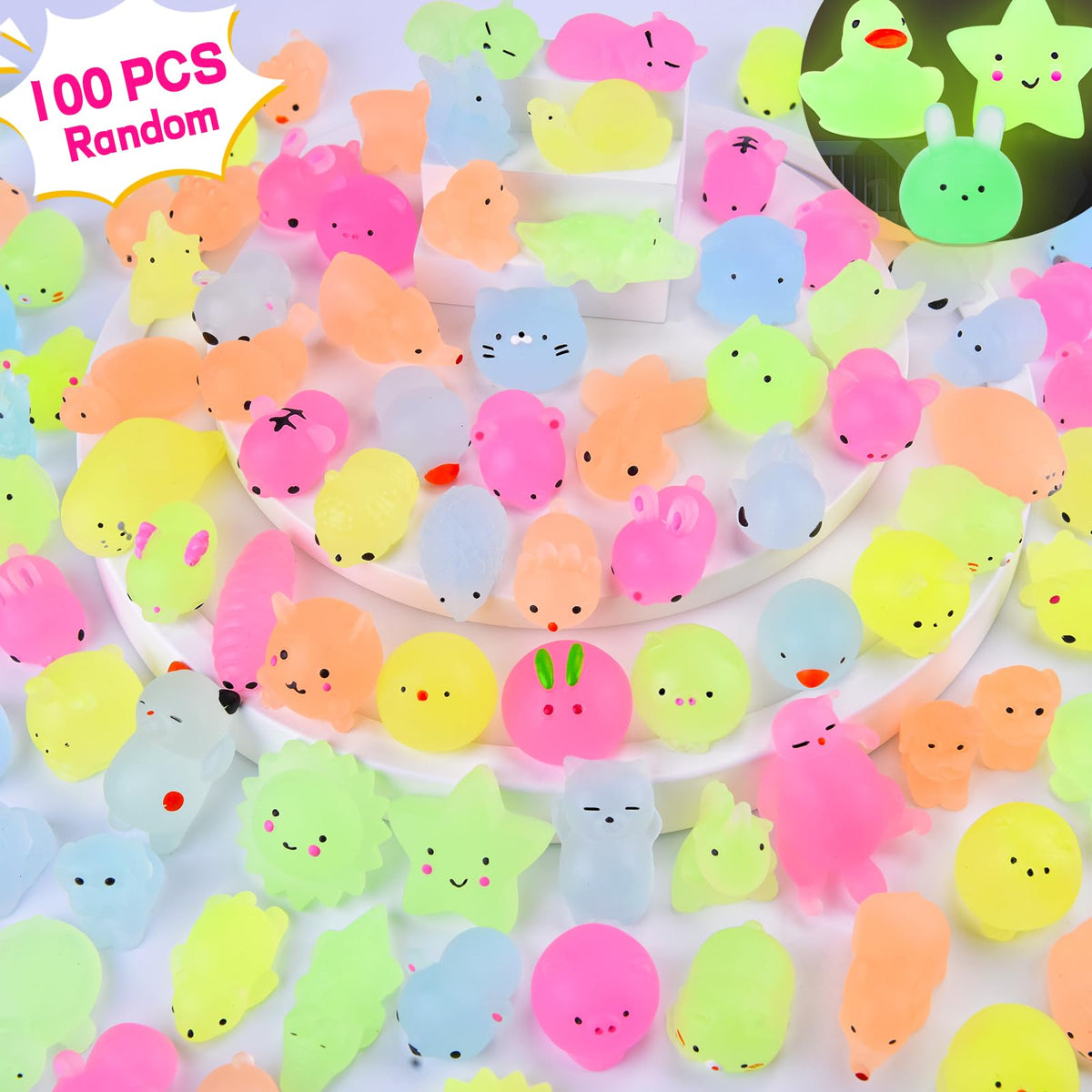 Leehur 100pcs mochi squishy toys glow in the dark; ideal for party favors.