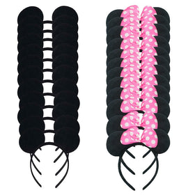 LEEMASING mouse ears deluxe plush headband with pink bow, ideal for parties and costumes.