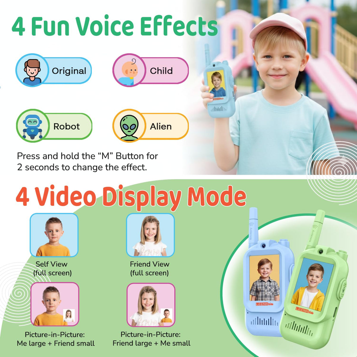 LEENK Kids blue charging image demonstrates rechargeable two-unit setup for quick play sessions.