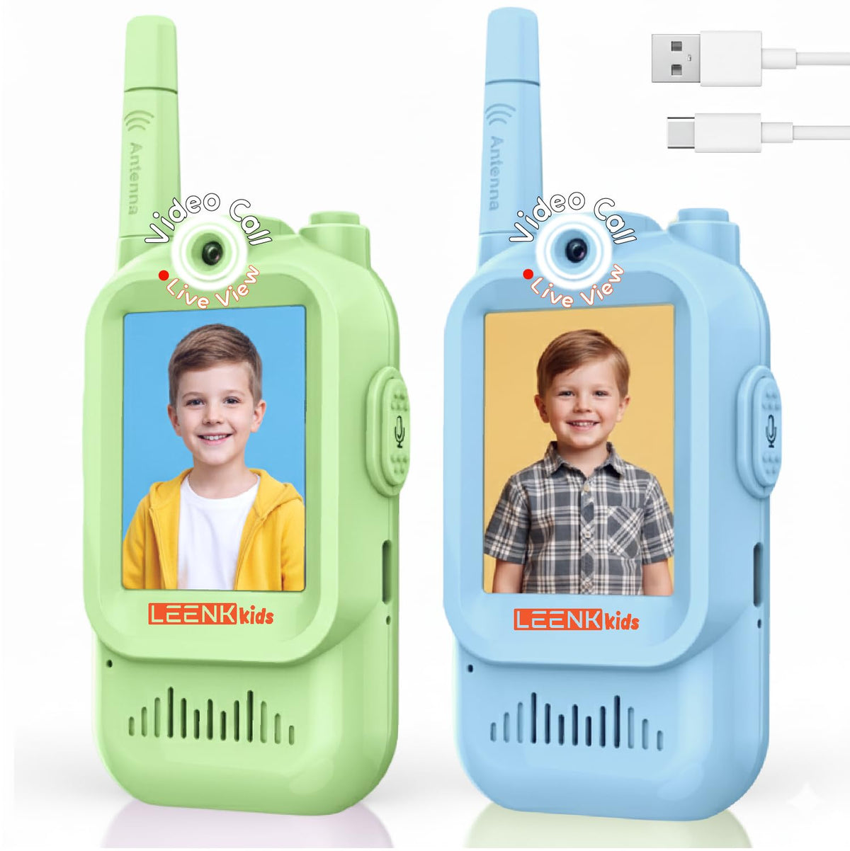 LEENK Kids blue front view video walkie talkies enable simple, secure play communication.