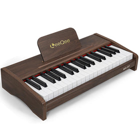 LeeQee 37-Key wooden piano front view shows durable beginner instrument for exploration
