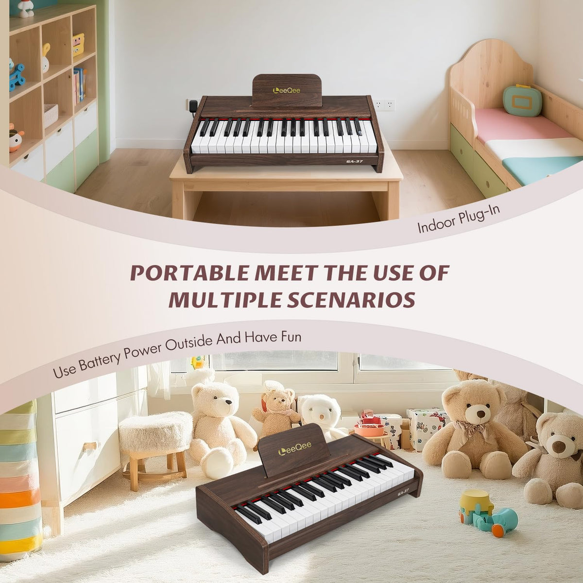 LeeQee 37-Key wooden piano key closeup emphasizes responsive keys for realistic play