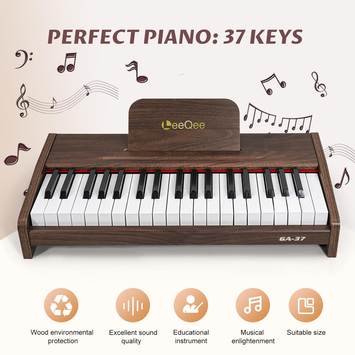 LeeQee 37-Key wooden piano side view highlights compact portability for practice