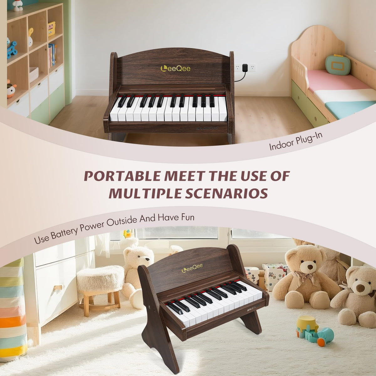 LeeQee wooden piano with dual-power design for indoor and outdoor use.