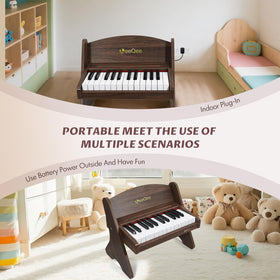 LeeQee wooden piano with dual-power design for indoor and outdoor use.