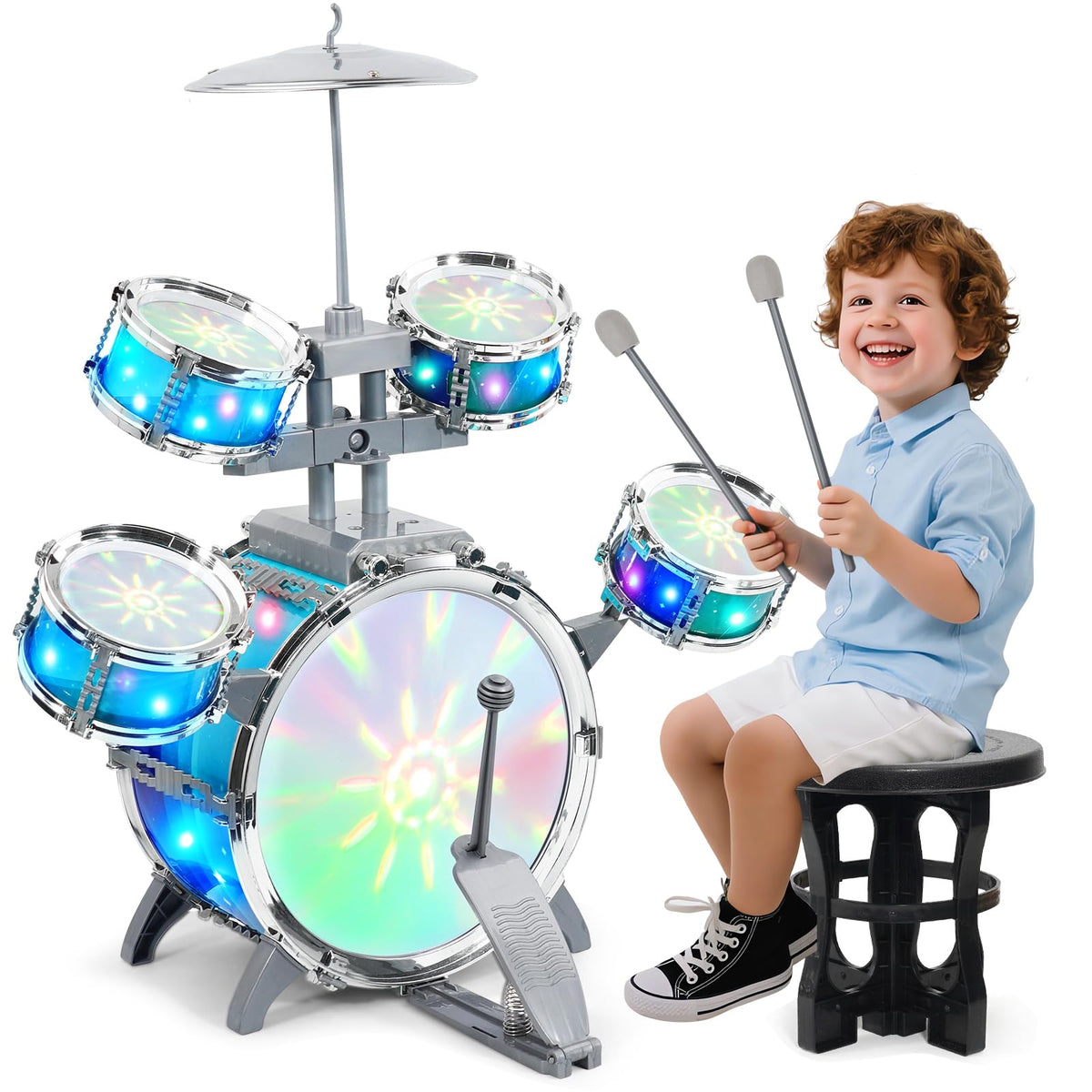 LeeQee Kids Drum Set with aurora lights for engaging playtimes.