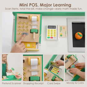 Leeshyah cash register and receipt scene supports early math and pretend shopping.