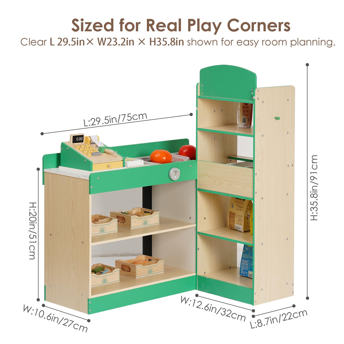 Leeshyah display shelves with toy fruits and vegetables spark arranging and storytelling.