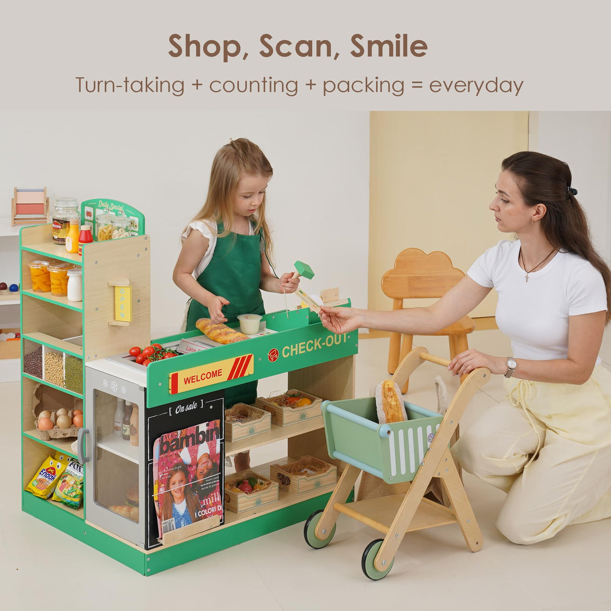 Leeshyah manual conveyor belt feature enables realistic checkout experiences and fine motor practice.