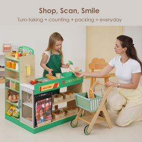 Leeshyah manual conveyor belt feature enables realistic checkout experiences and fine motor practice.