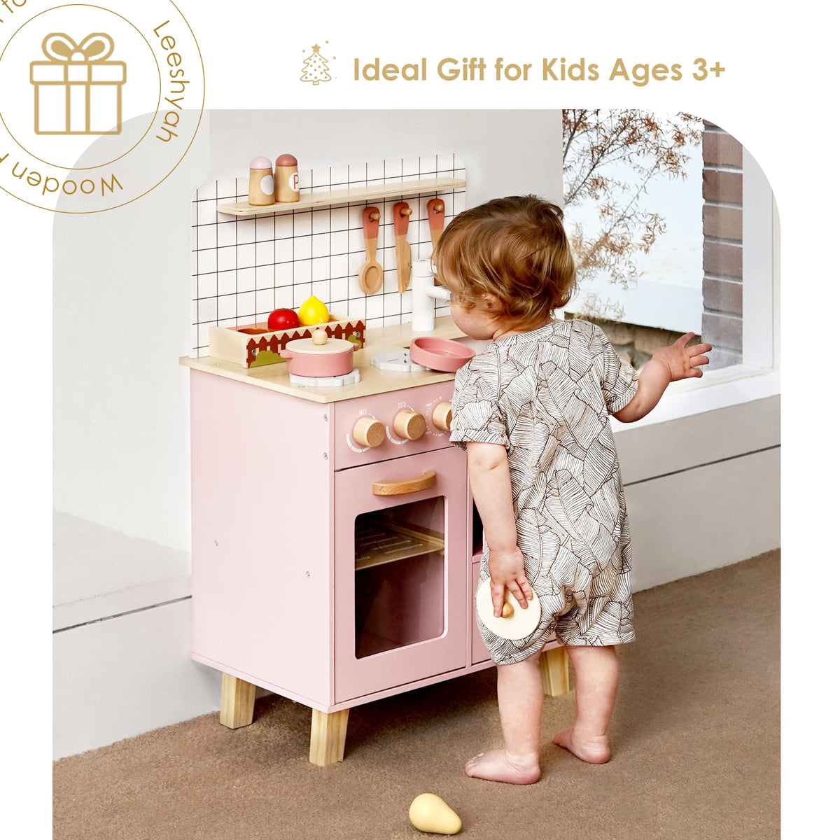 Leeshyah pink wooden play kitchen faucet enhances realistic role-play experiences