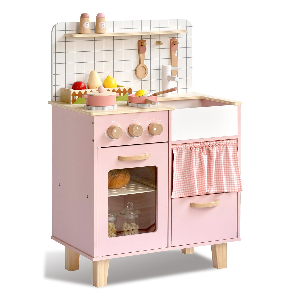 Leeshyah pink wooden play kitchen front view demonstrates kid-friendly design for imaginative play