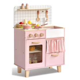 Leeshyah pink wooden play kitchen front view demonstrates kid-friendly design for imaginative play